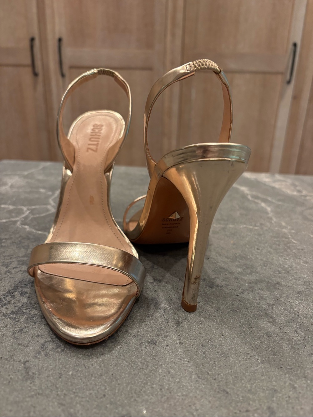 SCHUTZ Metallic Gold Slingback Stiletto Sandals